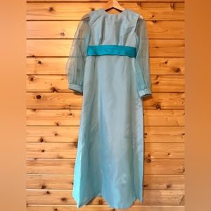 Vintage 1960s light blue & turquoise cocktail prom maxi dress w/ empire waist